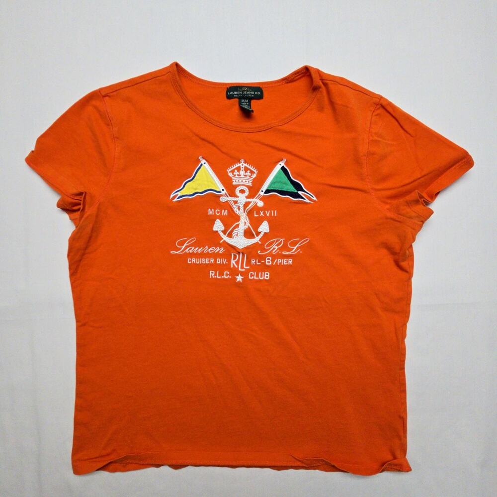 Y2K Lauren Jeans Co Ralph Lauren Embroidered Tee Orange Womens M Cotton